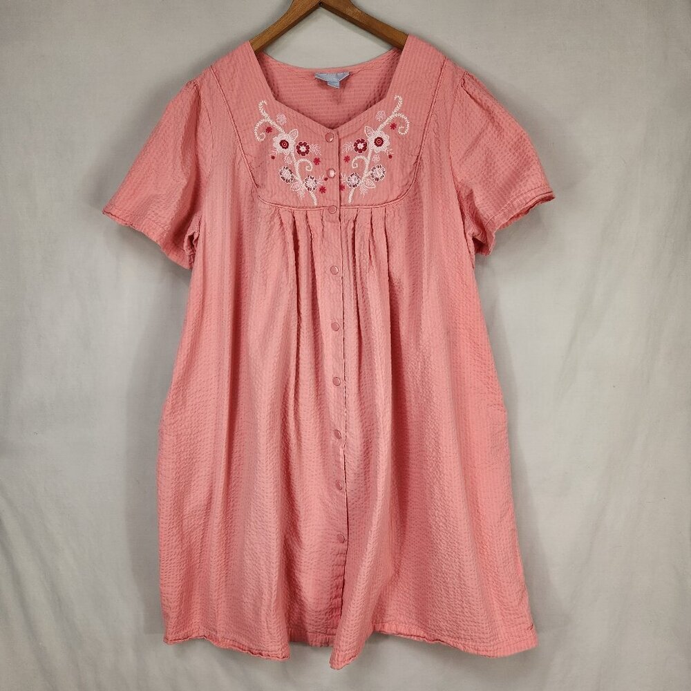 Only Necessities Snap Up House Coat Women's 2X Pink Seersucker Lounge Robe
